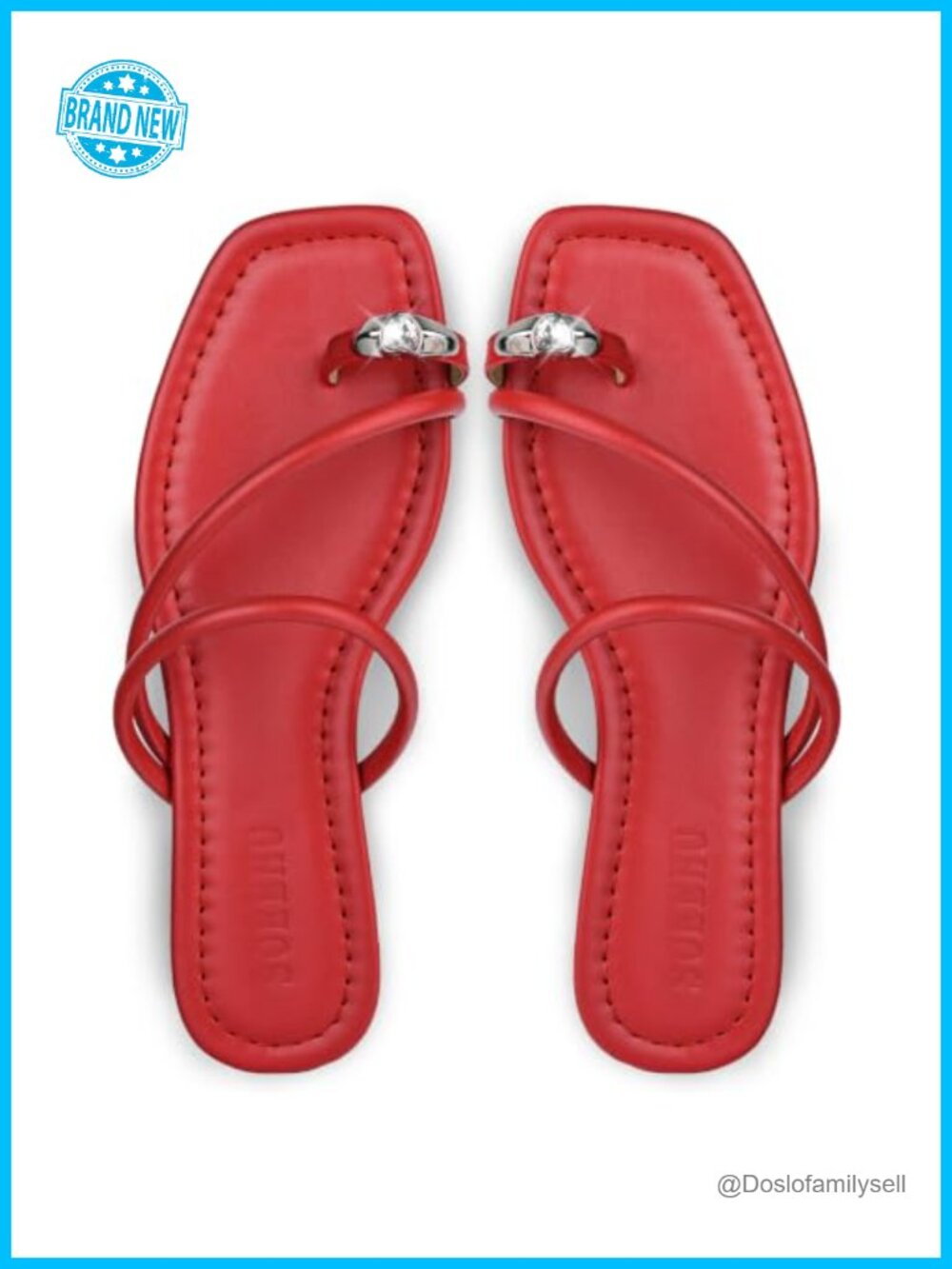 Faux Leather Strappy Toe Loop Flat Slide Sandals with Rhinestone